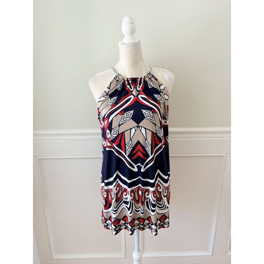 Alfani NWT Petite XL Metal Strap Tunic Top Navy/Red/Beige Geometric Print Urban